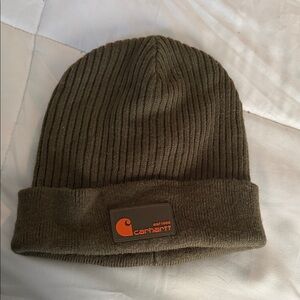 Carhartt Olive Ribbed Knit Beanie with Orange Logo Patch